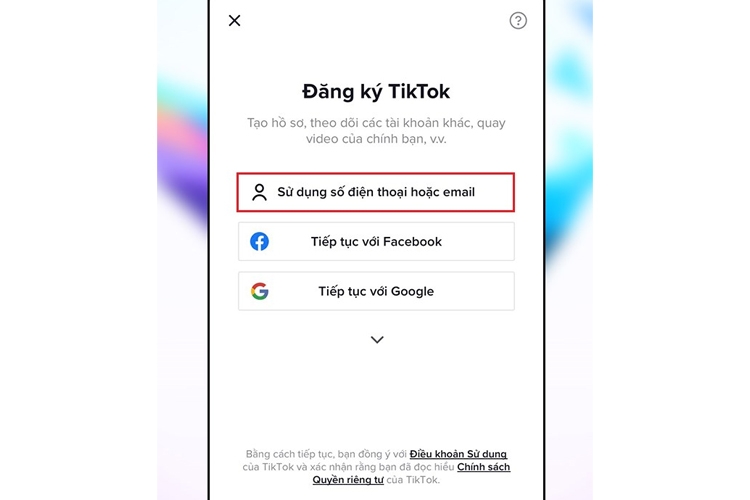Giao diện đăng ký tài khoản TikTok