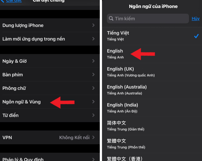 Cách chuyển đổi ngôn ngữ từ Việt sang Anh