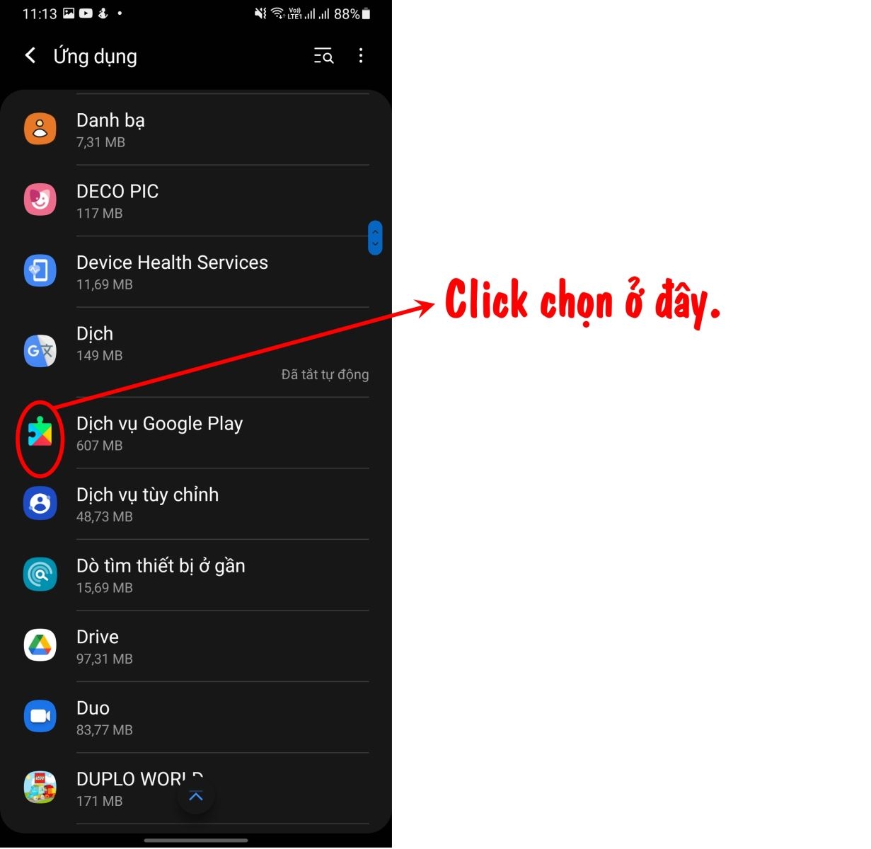 Click chọn Dịch vụ Google.
