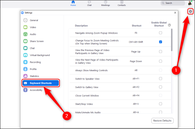 menu phím tắt zoom