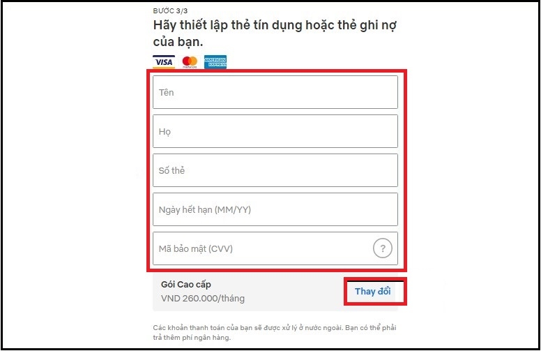 Tại mục “Thiết lập thẻ tín dụng hoặc thẻ ghi nợ” bạn nhập thông tin