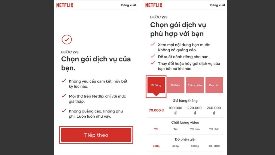 Tiến hành chọn gói dịch vụ theo nhu cầu của mình