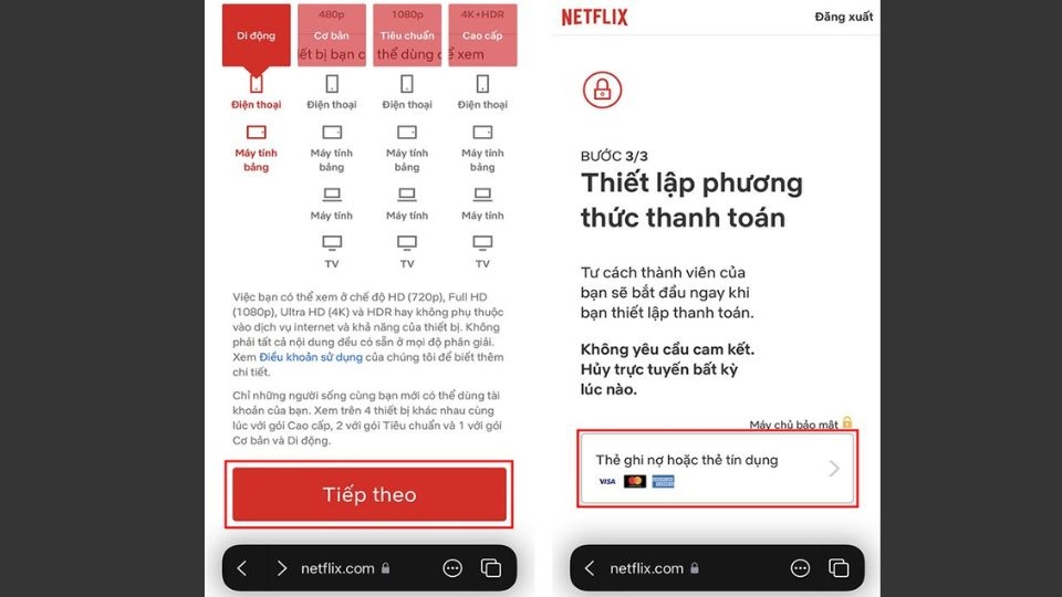 Nhấn ô thẻ ghi nợ hoặc thẻ tín dụng