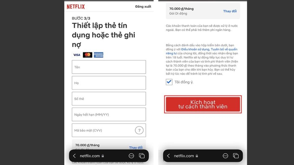 hập đầy đủ thông tin trên thẻ tín dụng hoặc ghi nợ của mình