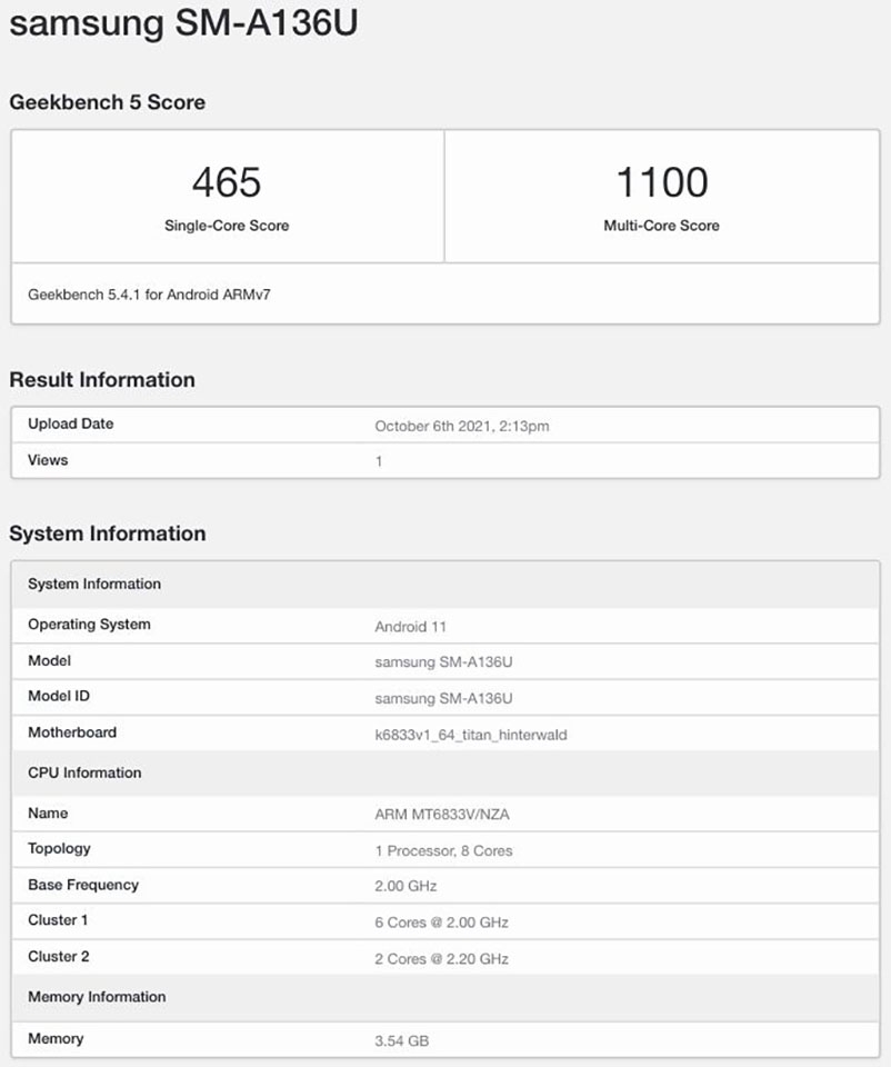 Galaxy A13 5G lộ cấu hình trên Geekbench Galaxy A13 5G lộ cấu hình trên Geekbench