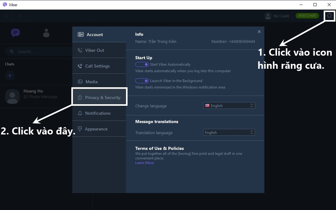 Lựa chọn trong mục cài đặt.