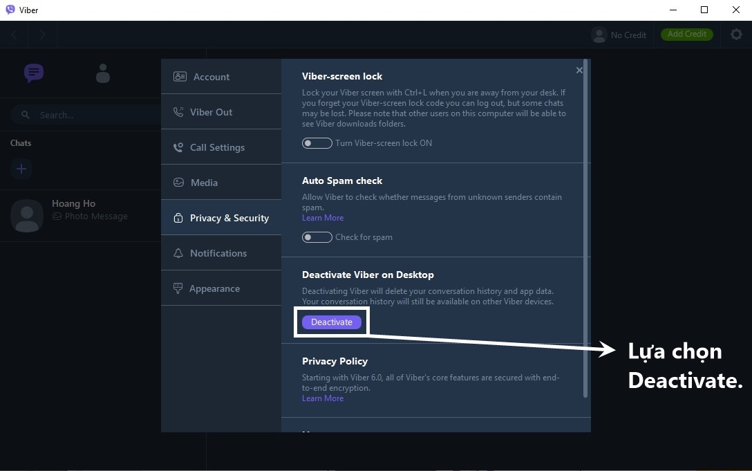 Chọn Deactive để thoát Viber