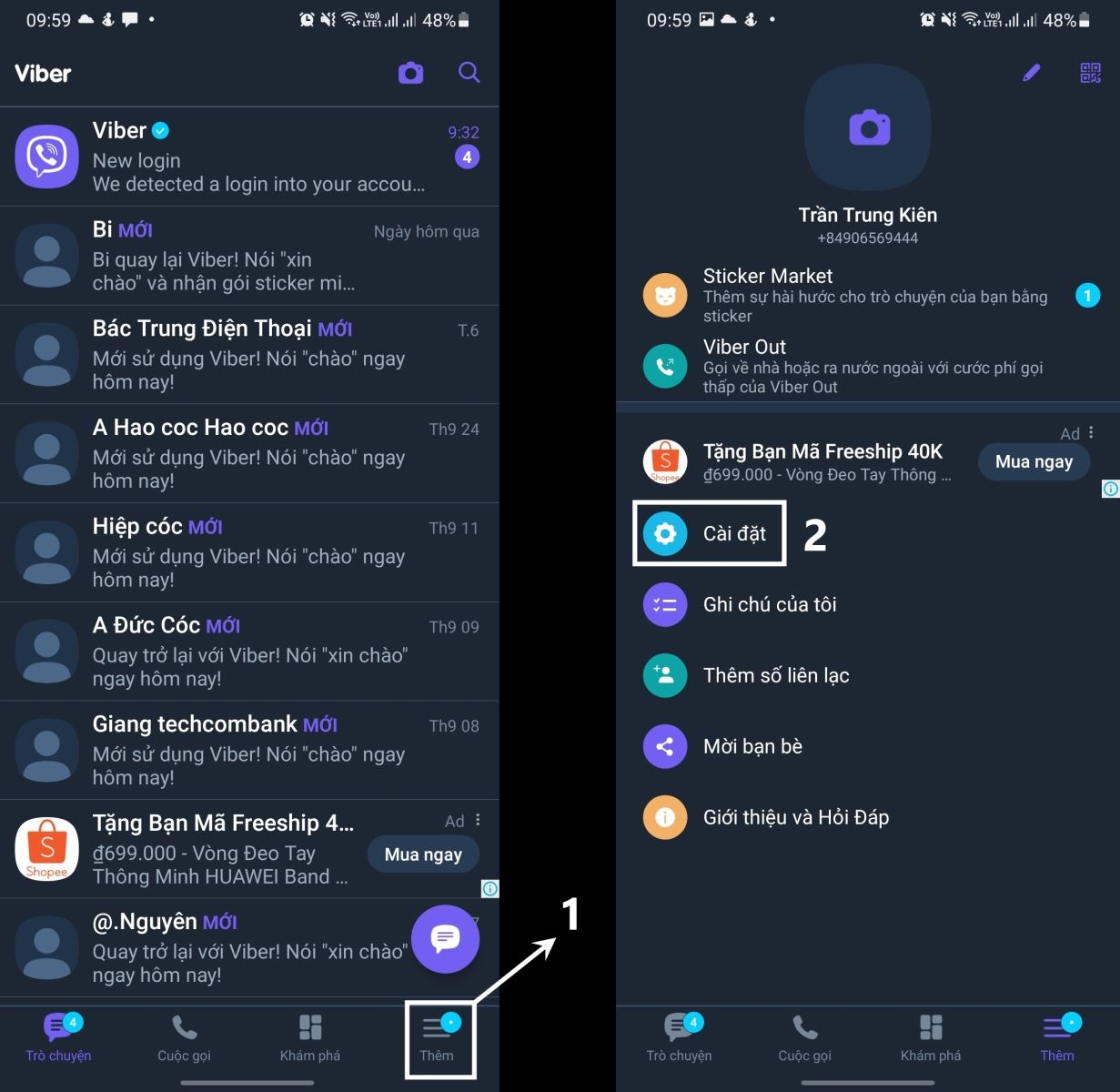 Lựa chọn mục Cài đặt trên ứng dụng Viber của điện thoại.
