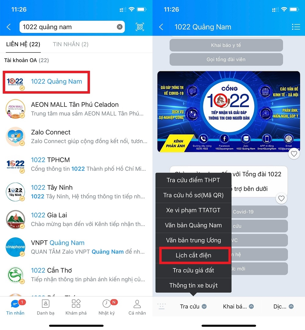 Cách xem lịch cắt điện trên Zalo (1)