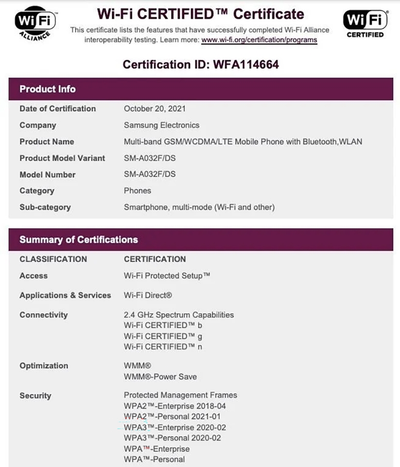 Galaxy A03 đạt chứng nhận Wi-Fi Alliance Galaxy A03 đạt chứng nhận Wi-Fi Alliance