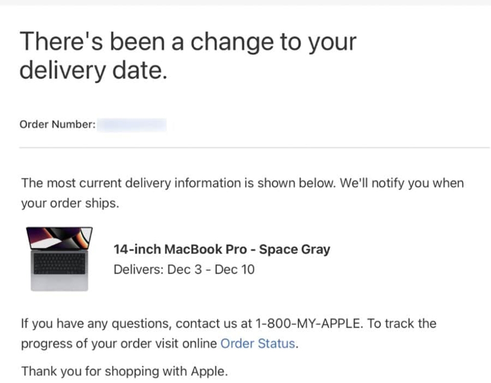 Apple trì hoãn giao hàng cho một số phiên bản MacBook Pro 14 inch và 16 inch