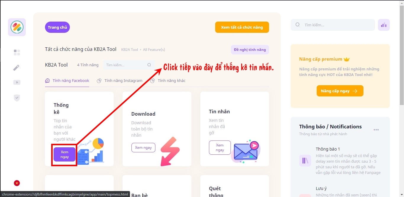 Click Xem ngay trong tính năng Thống kê để đếm tin nhắn Messenger.