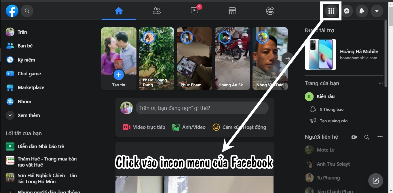 Mở menu trên Facebook ở máy tính.