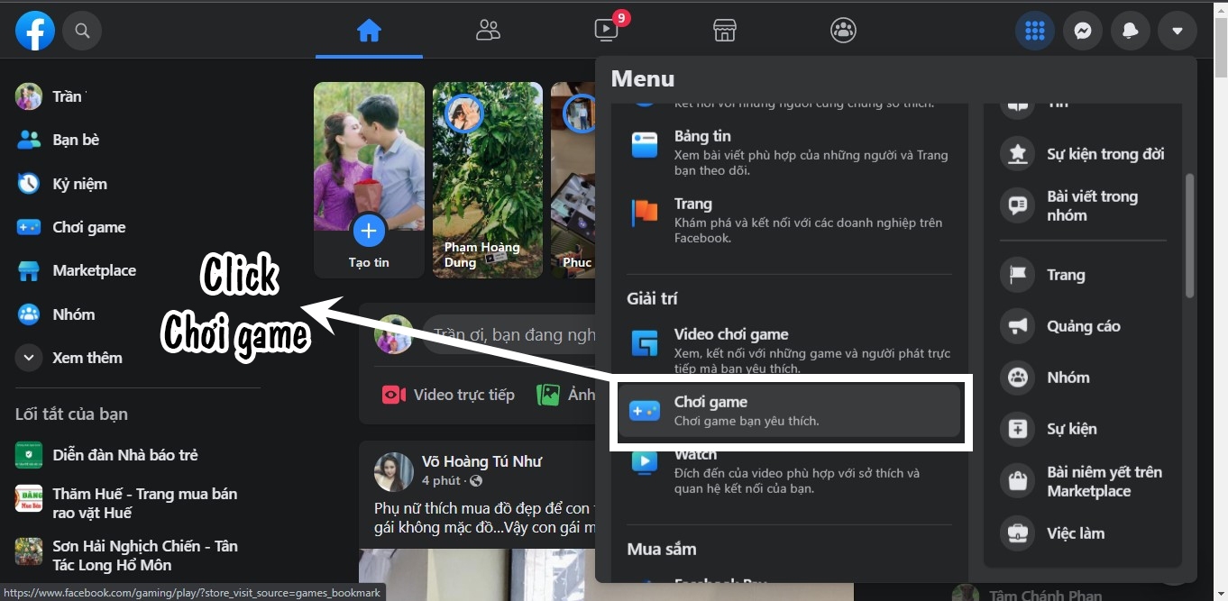 Cuộn chuột xuống và lựa chọn Chơi game