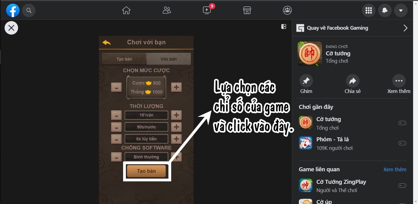 Lựa chọn các thông số và tạo bàn chơi game