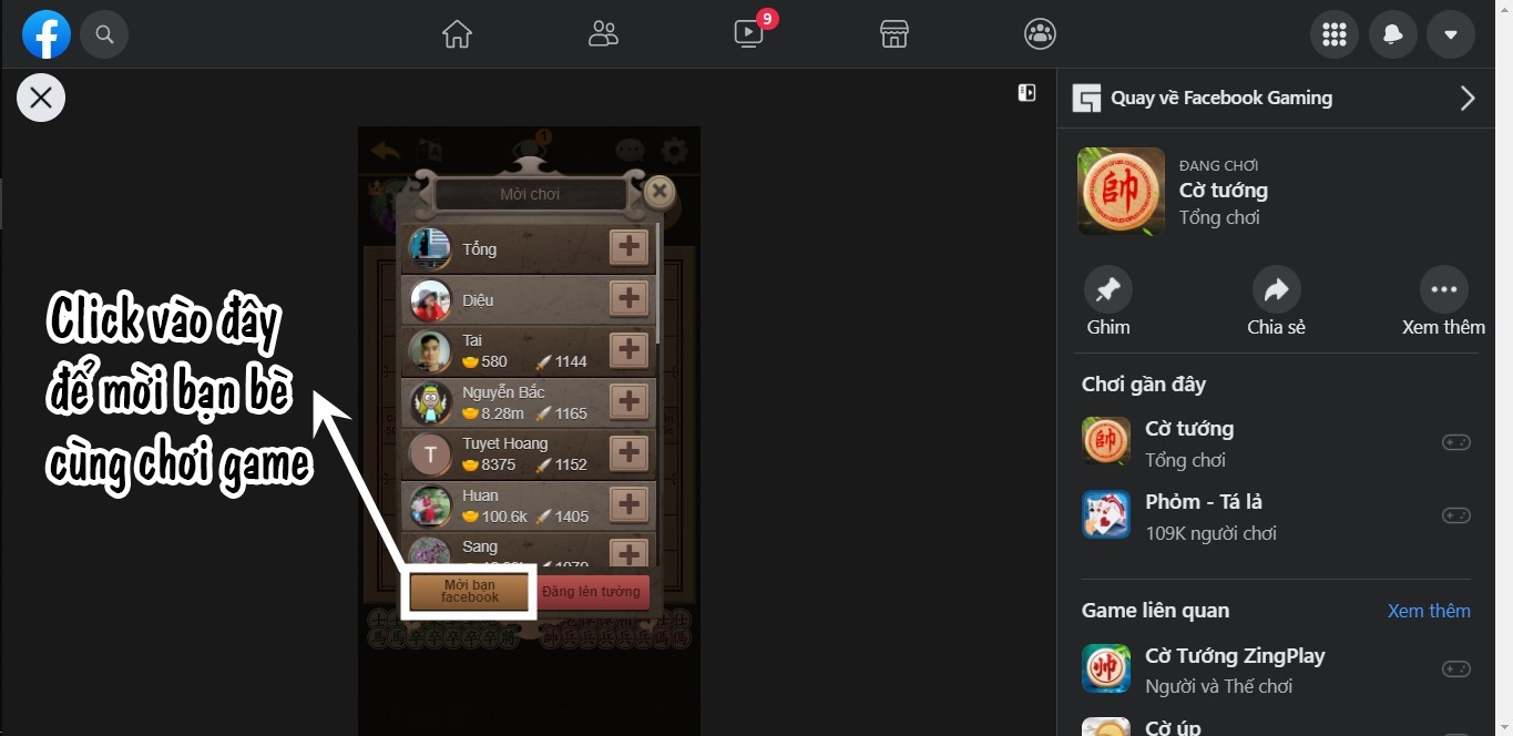 Click để mời bạn bè Facebook cùng chơi game