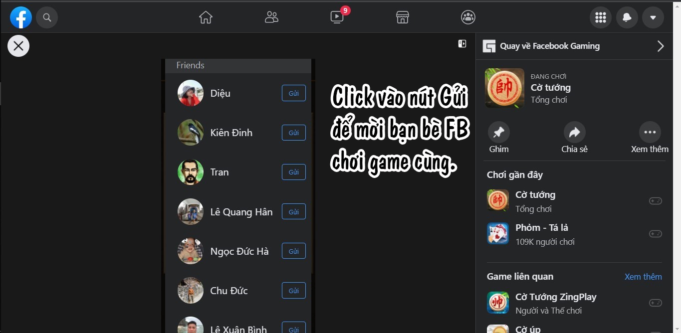 Lựa chọn nick Facebook bạn muốn chơi cùng để gửi lời mời