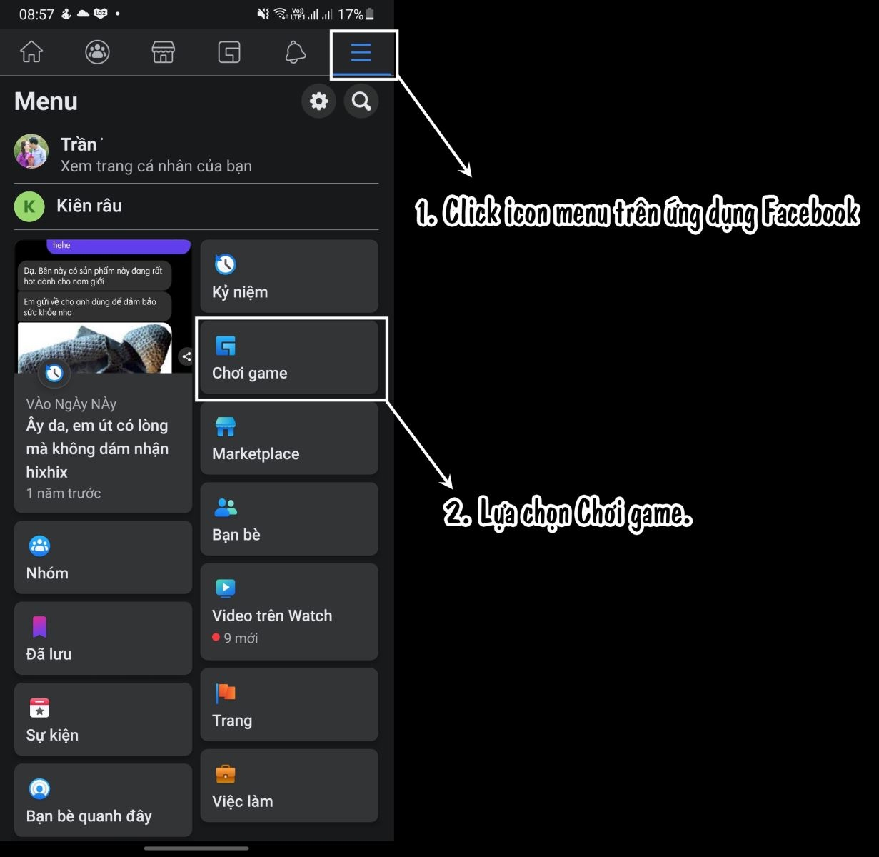 Cách vào mục Chơi game trên ứng dụng Facebook cho điện thoại.