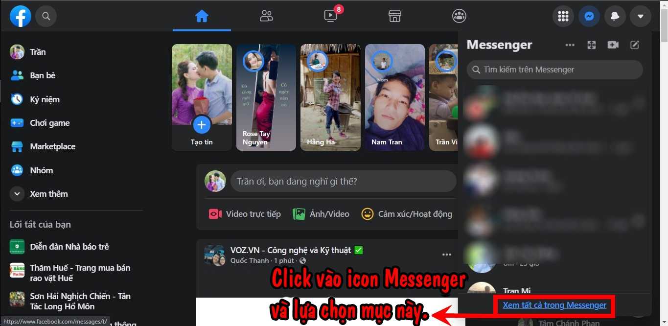 Lựa chọn xem tất cả trong Messenger để bắt đầu tải nhiều ảnh về máy tính.