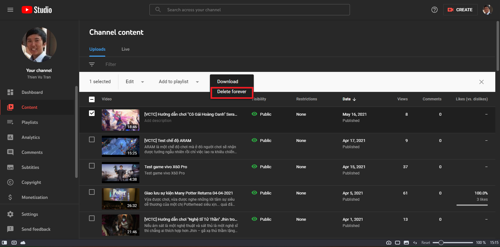 Cách xóa video đã đăng trên YouTube