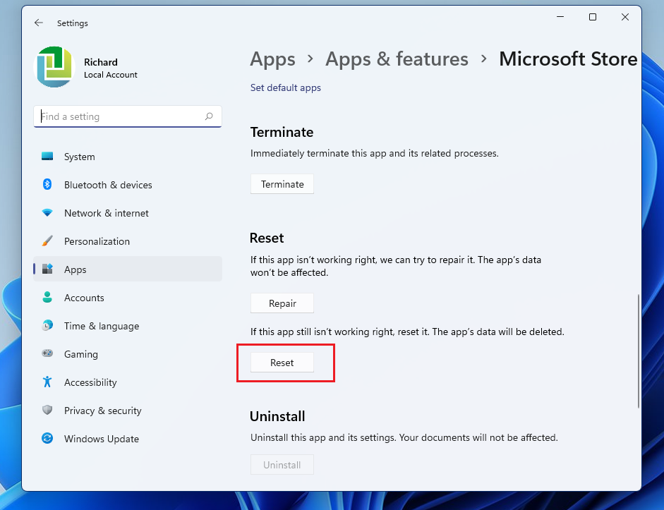 Cách reset ứng dụng Microsoft Store trên Windows 11 (2)