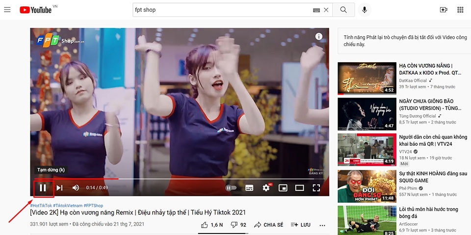 nhấn vào nút "Tạm dừng"