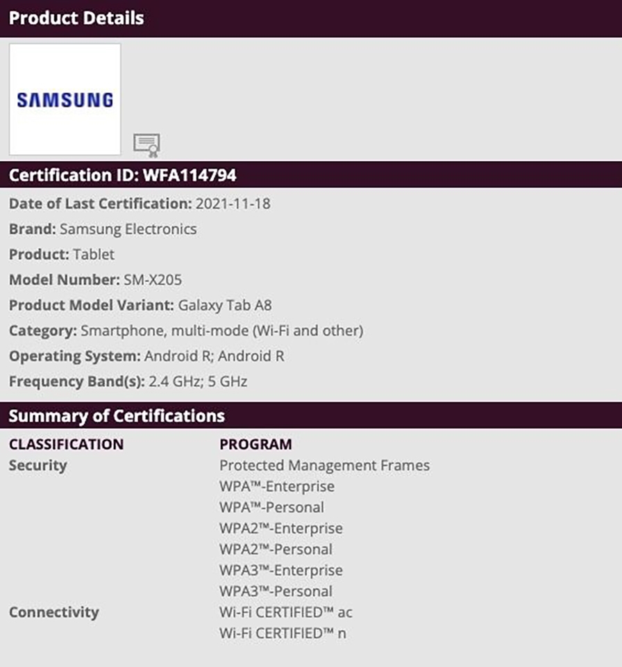 Galaxy Tab A8 2022 được cơ quan Wi-Fi Alliance phê duyệt