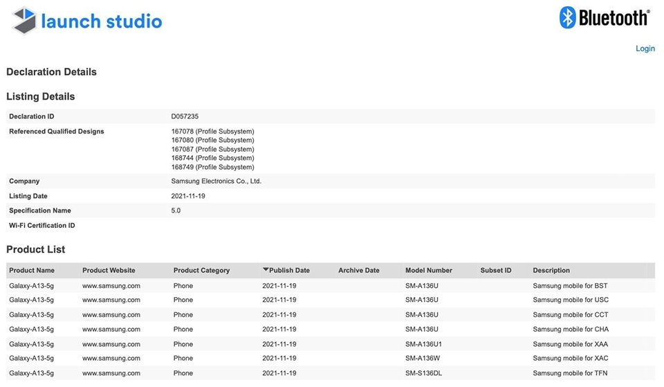 Galaxy A13 5G đạt chứng nhận Bluetooth SIG Galaxy A13 5G đạt chứng nhận Bluetooth SIG