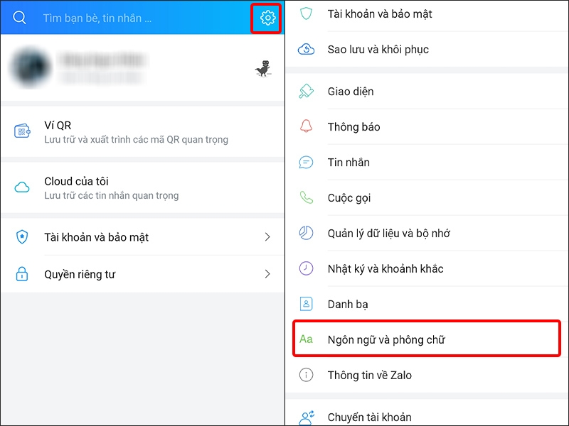 Nhấn vào Cài đặt và chọn Ngôn ngữ và phông chữ