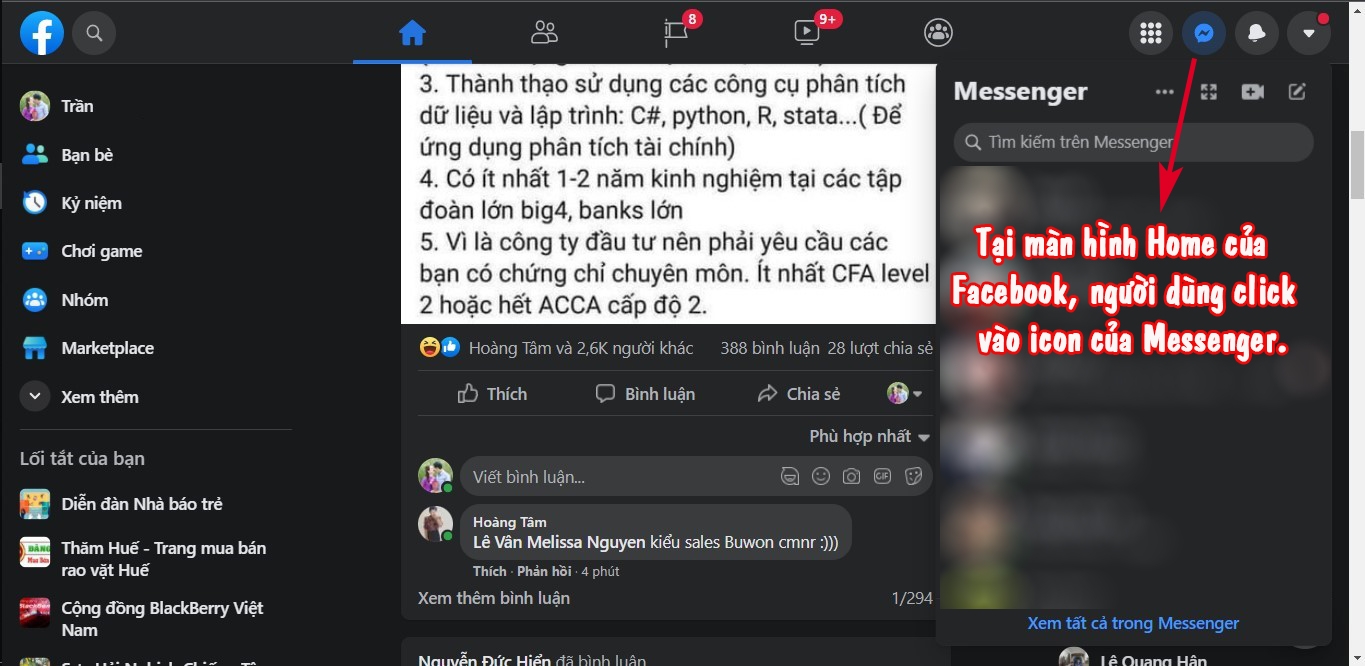 Click vào biểu tượng Messenger ở màn hình chính của Facebook.