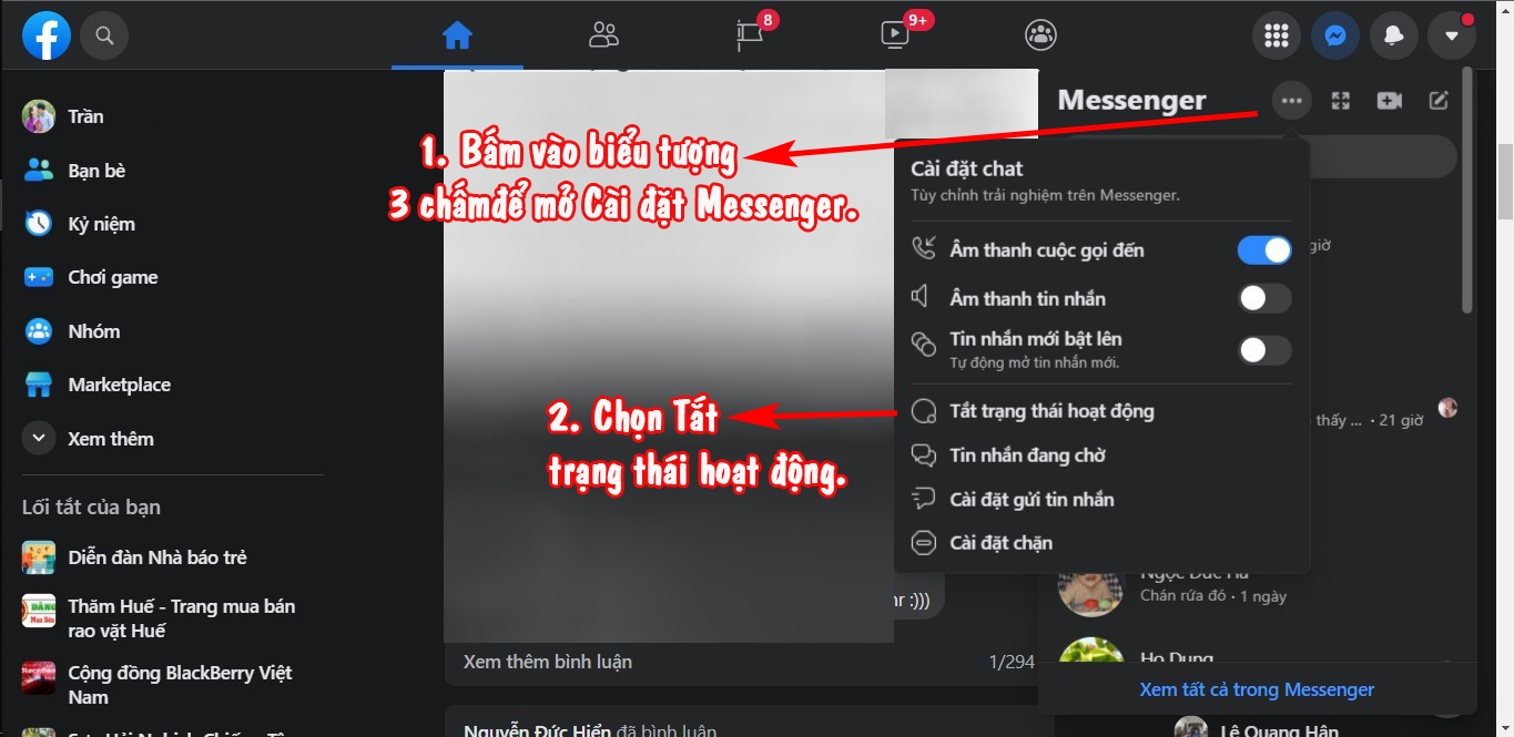 Lựa chọn cài đặt để tắt trạng thái hoạt động.