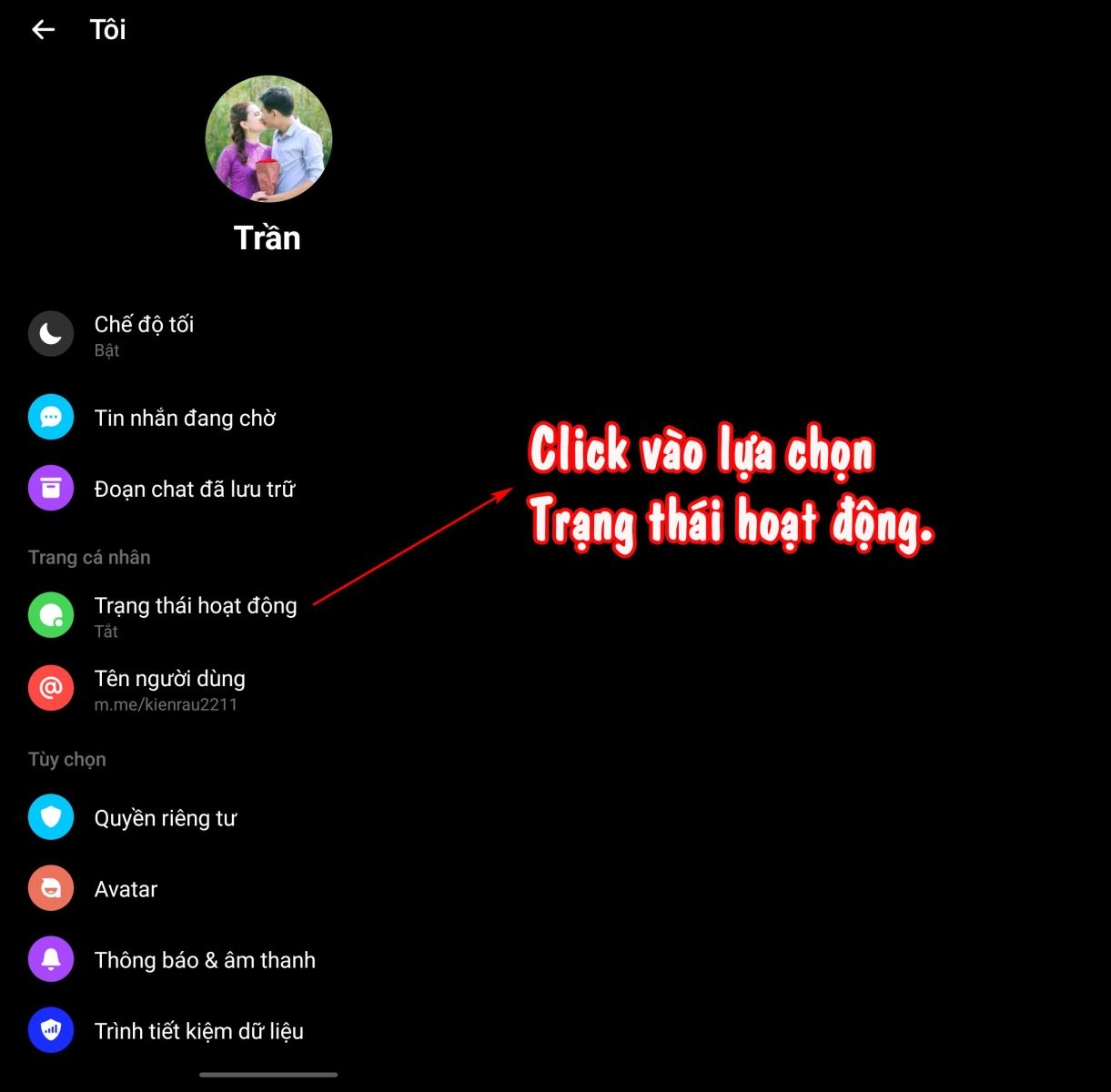 Click vào lựa chọn Trạng thái hoạt động.