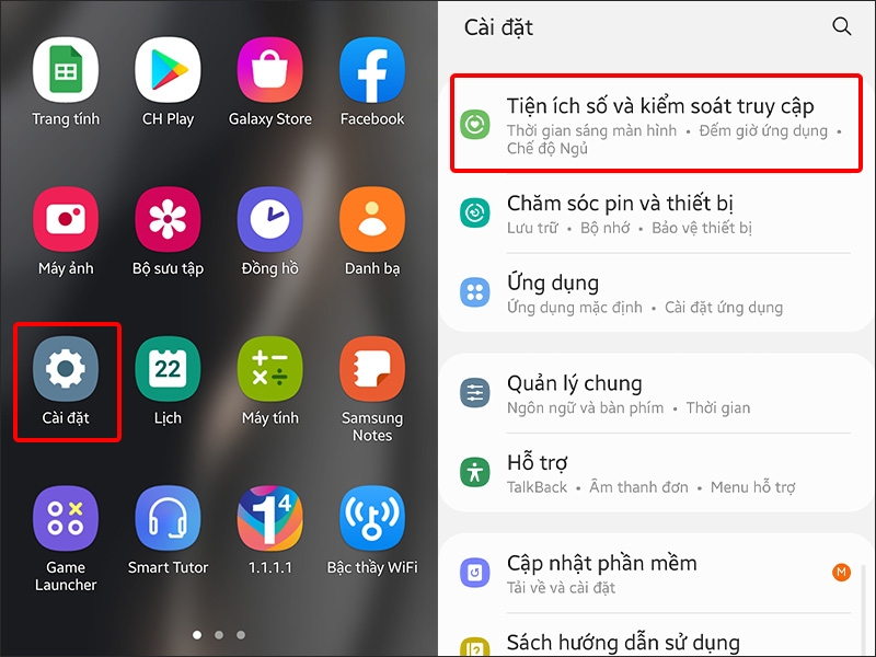 Vào Cài đặt và chọn Tiện ích số và kiểm soát truy cập