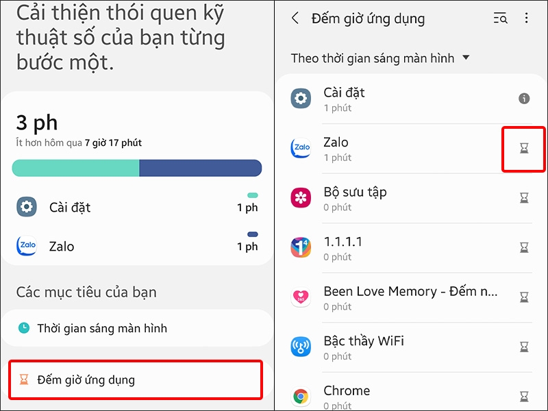 Chọn ứng dụng muốn thiết lập và nhấn vào biểu tượng đồng hồ cát