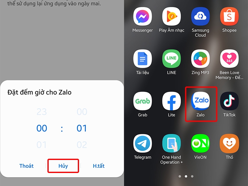 Nhấn vào Hủy để bỏ bộ đếm giờ lên ứng dụng