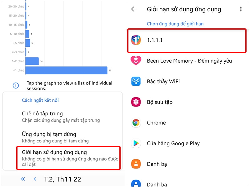 Chọn Giới hạn thời gian sử dụng ứng dụng và nhấn vào Ứng dụng cần thiết lập