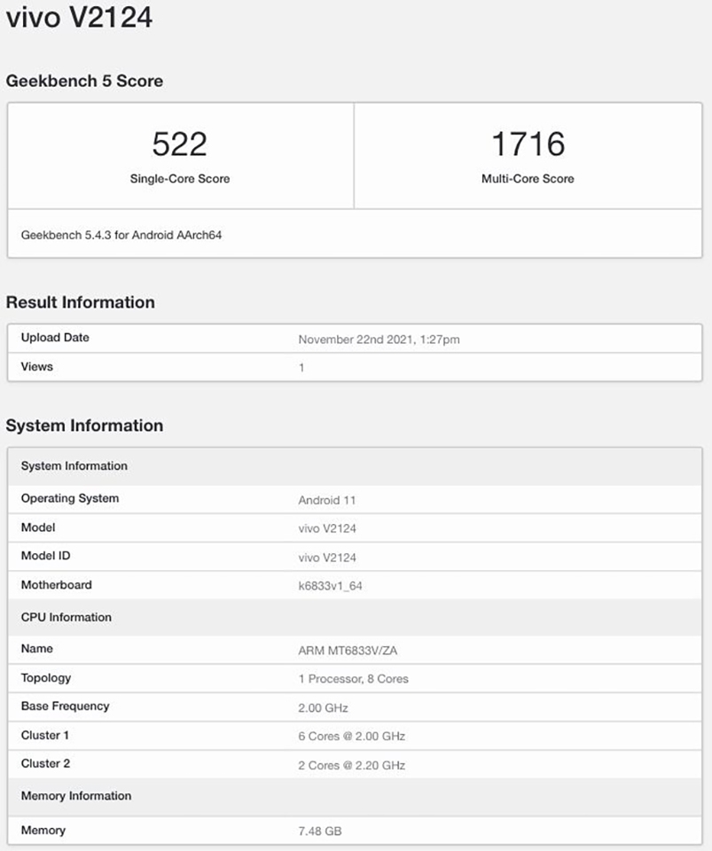 Vivo Y76 5G lộ cấu hình trên Geekbench (ảnh 1)