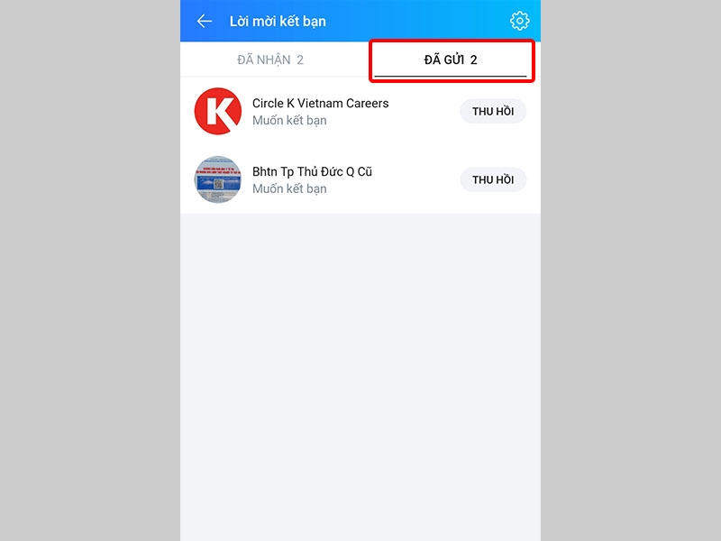 Chuyển sang mục ĐÃ GỬI để xem những lời mời kết bạn mà bạn đã gửi đi