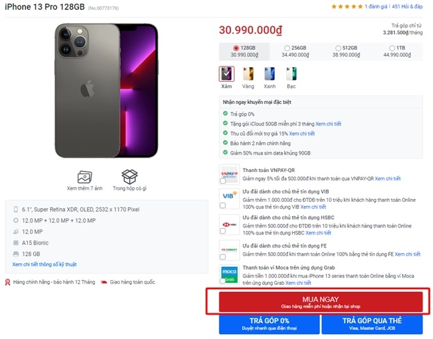 FPT Shop giảm 500.000 đồng khi mua iPhone 13 series online qua thẻ Visa Debit Techcombank 2