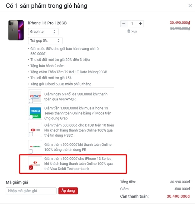 FPT Shop giảm 500.000 đồng khi mua iPhone 13 series online qua thẻ Visa Debit Techcombank 3
