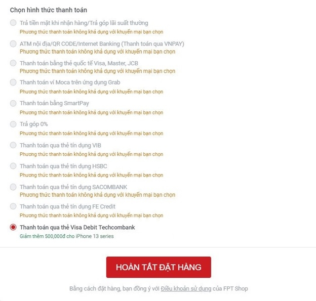 FPT Shop giảm 500.000 đồng khi mua iPhone 13 series online qua thẻ Visa Debit Techcombank 5