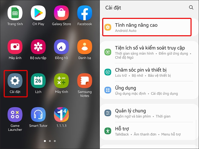 Vào Cài đặt và chọn Tính năng nâng cao