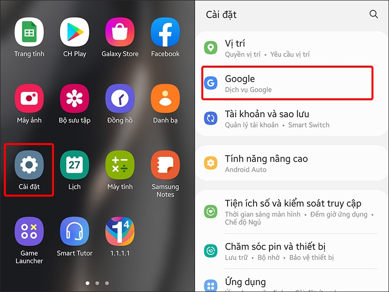 Vào Cài đặt và chọn Google