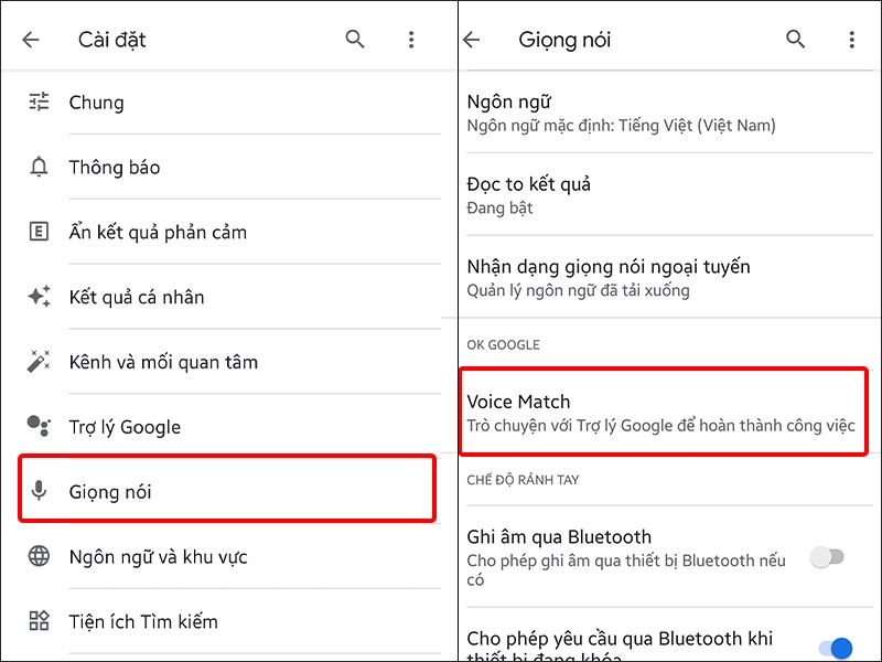Nhấn vào Giọng nói và chọn Voice match