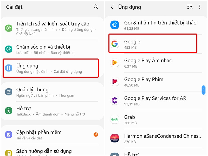 Nhấn vào Ứng dụng và chọn Google