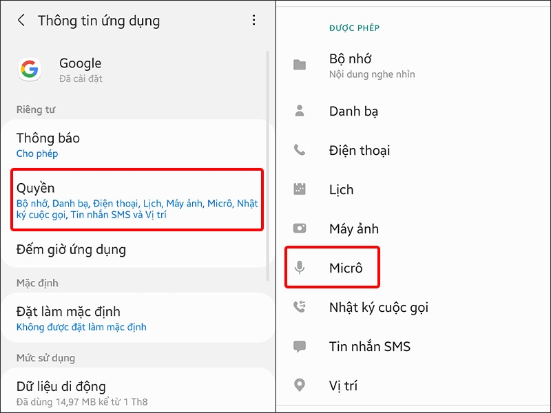 Nhấn vào Quyền và chọn Micrô
