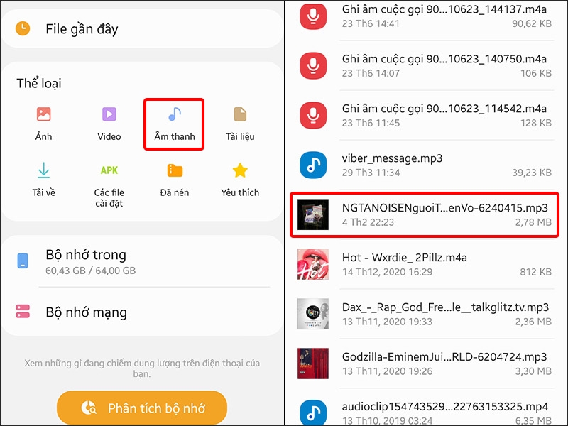 Nhấn vào Âm thanh và nhấn giữ bài hát mà bạn muốn gửi