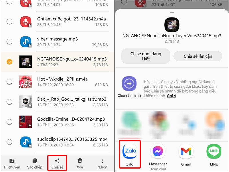 Nhấn vào Chia sẻ và chọn ứng dụng Zalo