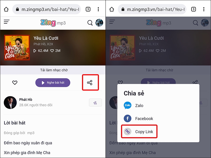 Chọn bài hát và nhấn vào biểu tượng chia sẻ