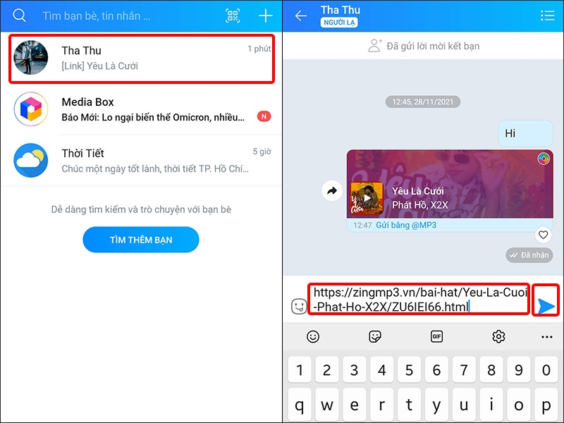 Gửi link liên kết đến liên hệ bạn chọn